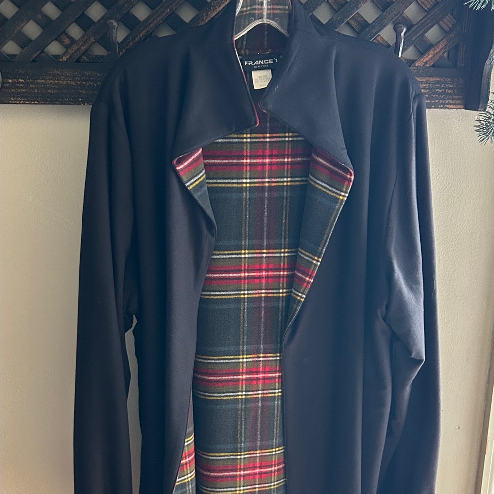 Reversible Open Front Coat with Plaid Lining